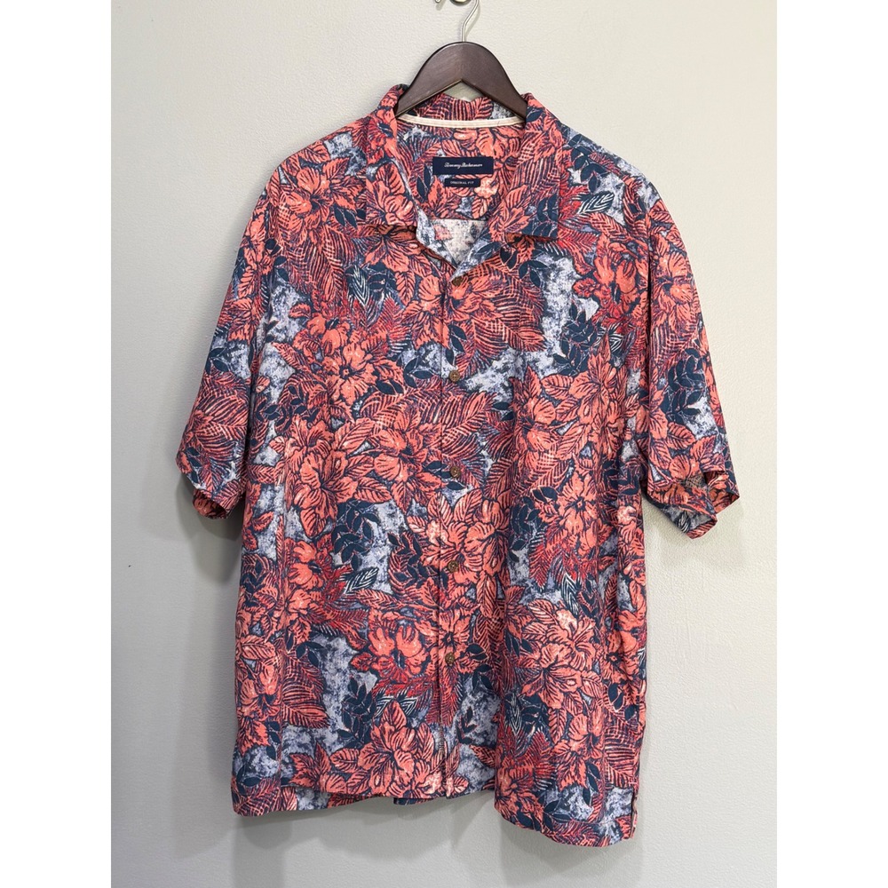 Tommy Bahama Mens XXL Silk Blend Tropical Floral Short Sleeve Camp Shirt Coral